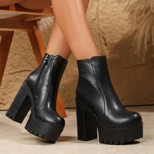 Women’s solid-color boots — platform side zipper, soft sole, chunky heels, round toe slim boots — suitable for casual and party occasions — perfect gift for fashionable women; girls’ footwear; comfortable knee-high onyx booties.