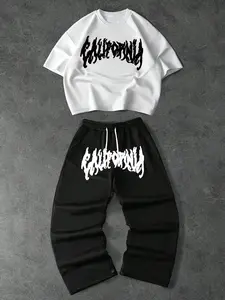 Unisex Black & White Color Block California Flame Letter Graphic 2-Piece Set, Oversized T-Shirt & Wide Leg Sweatpants, American Streetwear Y2K, CleanFit High Street, Summer Casual Daily Outfit Clothes