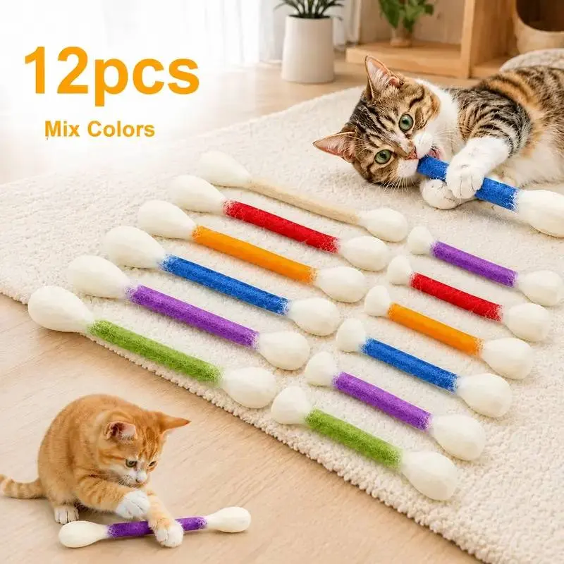 6-Pack 6in Giant Cotton Swab-Shaped Felt Stuffed Cat Chew Toys, Soft Teething Sticks for Dental Cleaning, Anxiety Relief, Indoor Interactive Play mousey plush toy