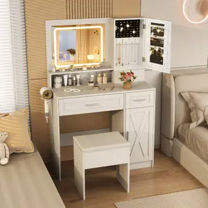 COSTWAY-Vanity Desk with Mirror and Lights, Jewelry Storage Cabinet, Makeup Vanity Desk w/Charging Station, Drawers, 3 Lighting Modes-Springtok