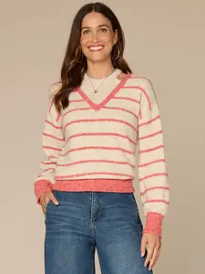 Long Sleeve V-Neck Novelty Stripe Stitch Twofer Petite Sweater