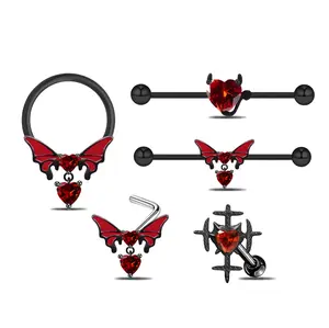 HERVAY Halloween Gothic Bat & Heart Body Piercing Navel Ring Nipple Ring Nose Stud Septum Hoop Industrial Barbell Trending Punk Jewelry For Hypoallergenic Labret Cartilage Helix Daith Tragus Rook Lobe Studs Navel Rings