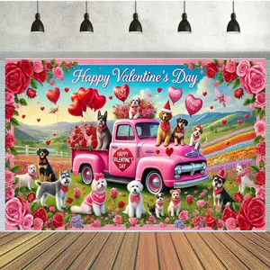 1pc, romantic valentines day puppies Polyester Photography Backdrop 7x5ft, Birthday Banner Flag Supplies, Cake Table Studio Party Decoration decoration flag, Outdoor celebration activities, Multipurpose, No Electricity