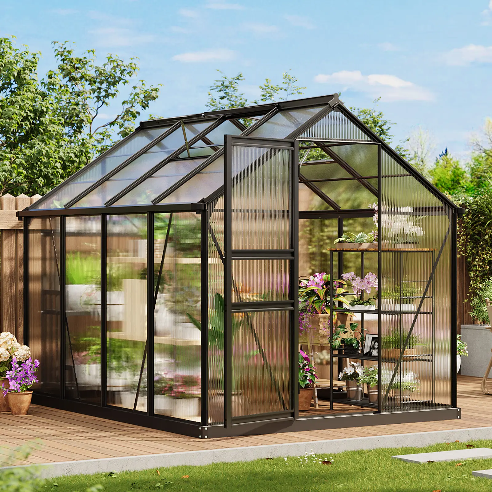 6x8 FT Walk-In Polycarbonate Outdoor Greenhouse, Heavy Duty Aluminum Frame, Lockable Sliding Door & Roof Vent, Comes with Ground Stakes, Sturdy Plant Growing Shelter for Garden, Backyard, Patio and Lawn