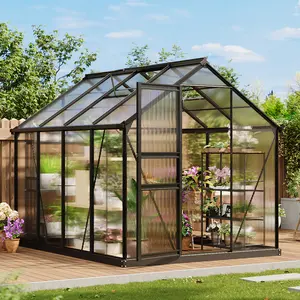 6x8 FT Walk-In Polycarbonate Outdoor Greenhouse, Heavy Duty Aluminum Frame, Lockable Sliding Door & Roof Vent, Comes with Ground Stakes, Sturdy Plant Growing Shelter for Garden, Backyard, Patio and Lawn
