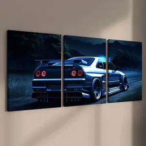 3 Counts Wooden Framed Canvas, Cool Night Street Racing Car Images, Exquisite Poster, Canvas Prints, Artistic Perfect Living Room Decoration, Modern Art, Fashion Family Poster, Wall Art Decoration, Home Decor Accessory, Waterproof Art