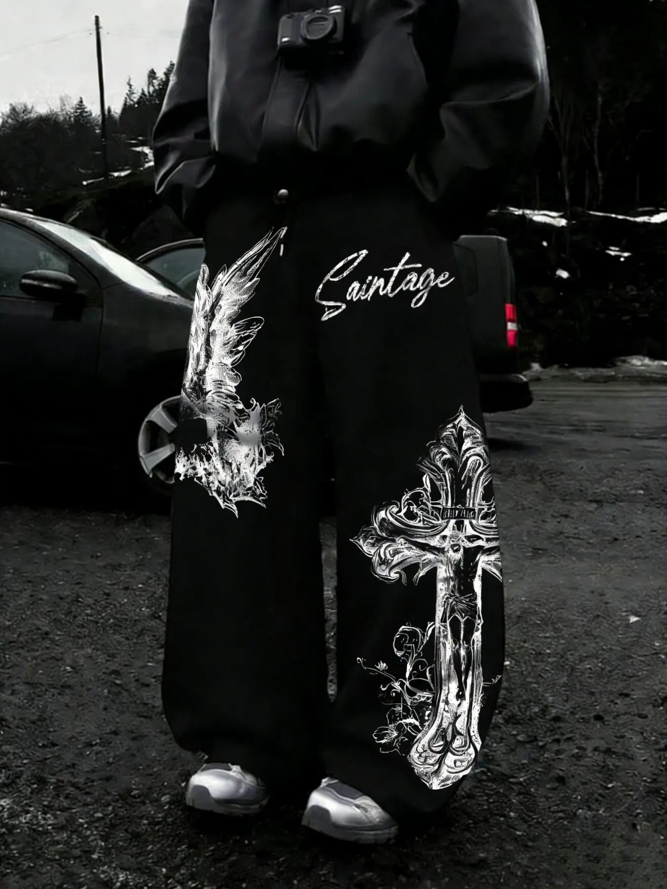 Y2K Grunge Gothic Wing Cross Leggings, Angel Wings Print, Graphic Design, High Waisted Elastic Waist, Street Style Casual Pants