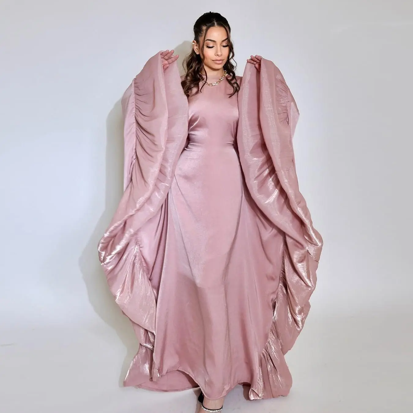 Eid Djellaba Satin Ruffle Batwing Sleeve Jalabiya Abaya Dubai Kaftan Women Muslim Dress Ramadan Kebaya Islam Jalabiya Femme Robe Gamis Clothes Thobe