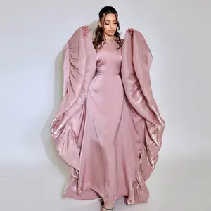 Eid Djellaba Satin Ruffle Batwing Sleeve Jalabiya Abaya Dubai Kaftan Women Muslim Dress Ramadan Kebaya Islam Jalabiya Femme Robe Gamis Clothes Thobe