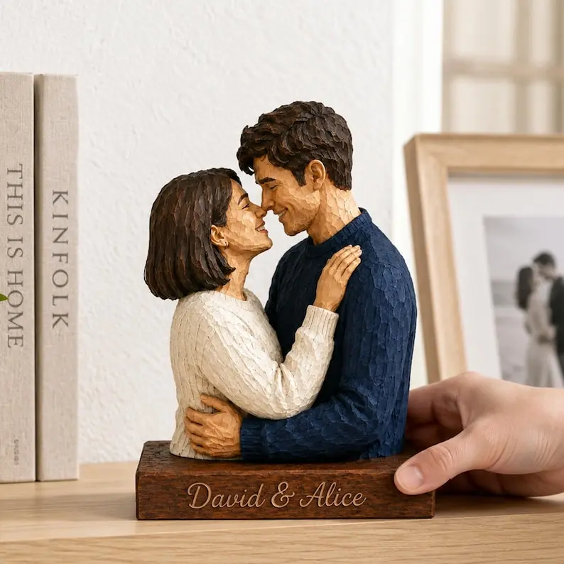 Custom Photo Portrait Wooden Sign, Personalized Couple Sculpture, Custom Family Wooden Statue, Photo to Wood Figure, Anniversary Gift for Couples, Gift for Him