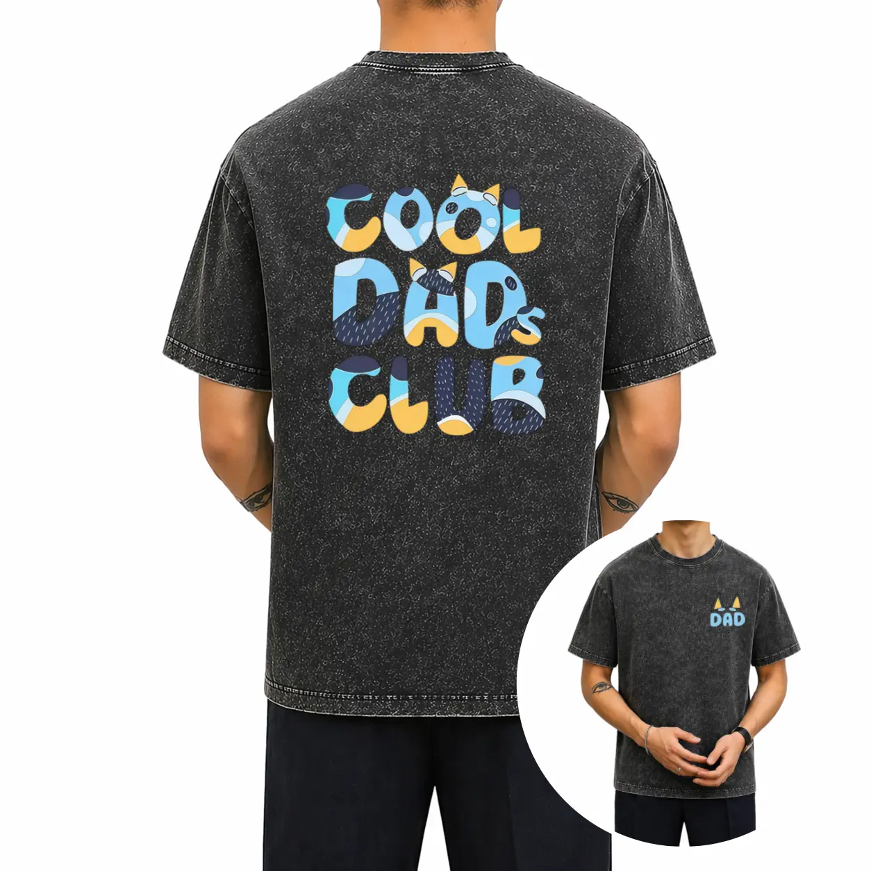 Bluey Cool Dads Club Double-Sided Graphic Tee Shirt for Men - Casual Short-Sleeve Crewneck Prints Top, Funny Dad Gift, All-Season Streetwear