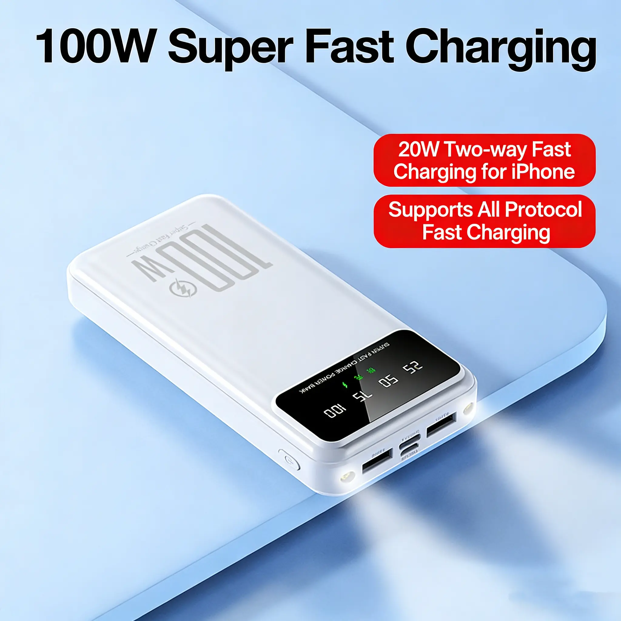 100W Powerbank Fast Charging LED Display Power Bank 20000mAh Dual Output Port USB & Type-C Phone Electronic Equipment Smartphone Digital Chargeable Smartphone Equipment Phone Electronic Digital Chargeable Smartphone Electronic