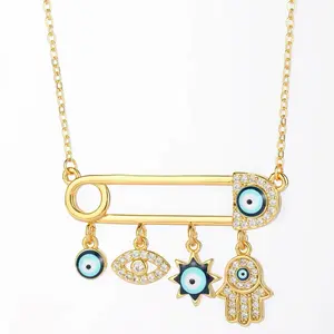 Mystique Evil Eye & Rhinestone Hamsa Hand Charm Trendy Safety Pin Style Unisex Necklace for Casual Wear