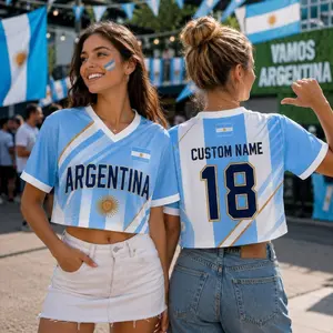 Custom Argentina V Neck Crop Top Soccer Jersey for Women, Personalized Argentina Football Crop Shirt with Name Number TNX
