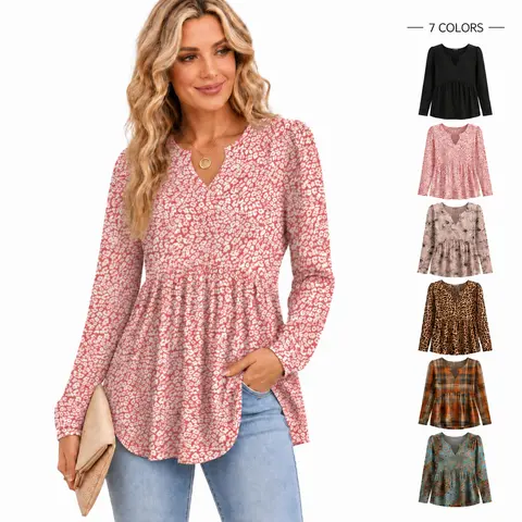 WIHOLL Womens Tops Long Sleeve Fall Shirts Babydoll Peplum Tops for Women V Neck Tunic Dressy Casual Blouses