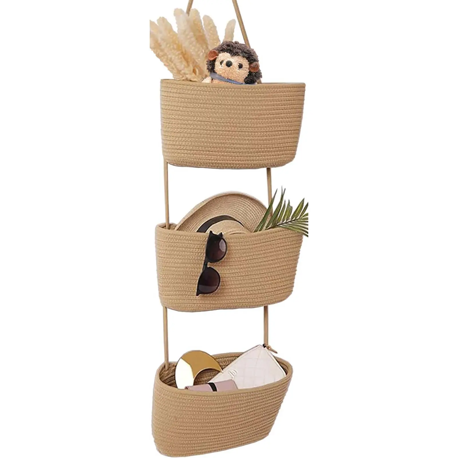 Wall Hanging Cotton Baskets - Large 3 Tier Decorative Baskets for Wall, Nursery, Bathroom (Brown/White)