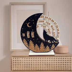Rustic Wooden Moon Wolf Cat Calendar 2026 Edition, Pine Tree and Star Design, No Power Needed, Perfect for Home Decor and Holiday Celebrations