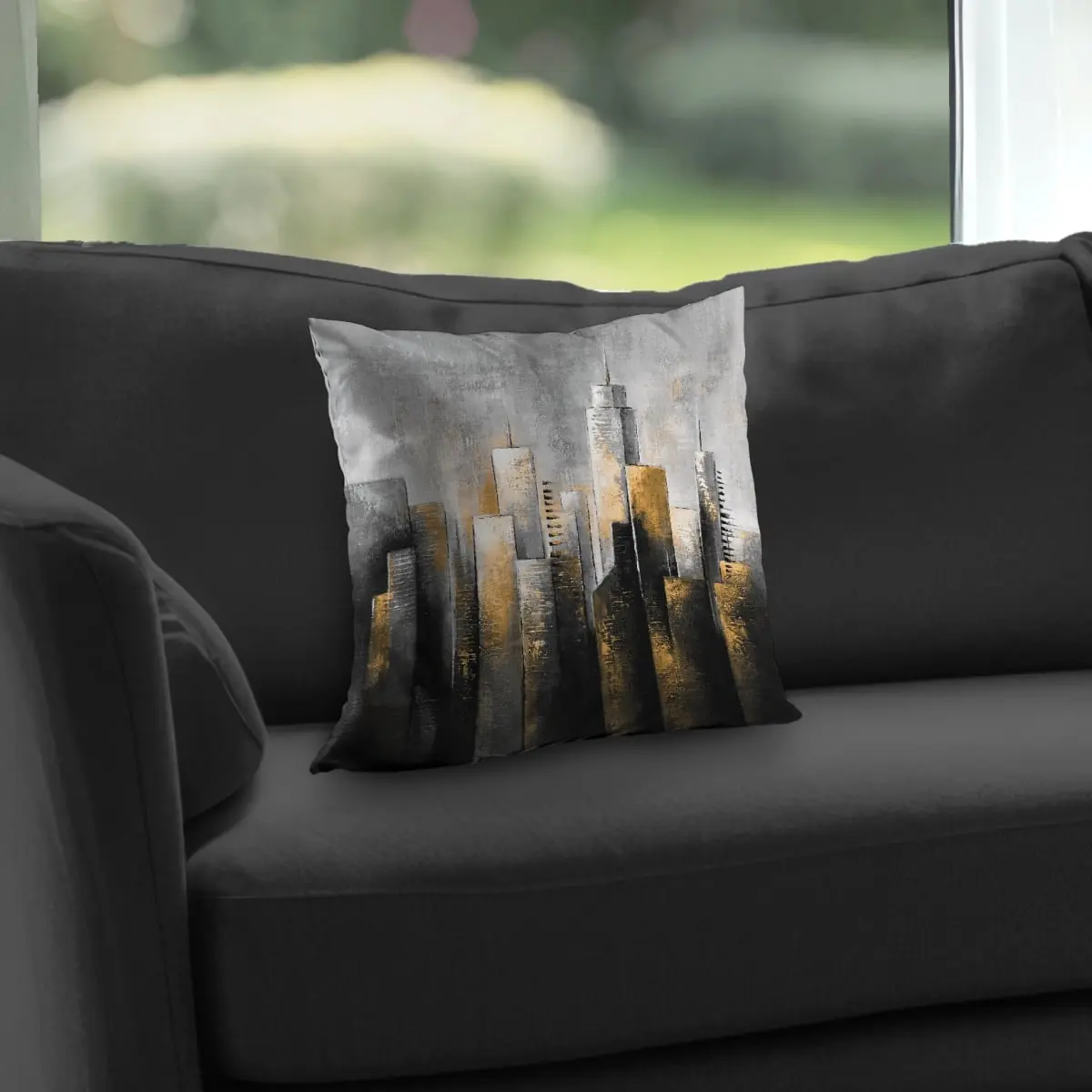 360 Stand 14x14 in Abstract Skyline Cities Building Poly Twill Throw Pillow - Home Decor Accent for Bedding, Linens & Soft Furnishings, 14-Inch Standard Pillows, Abstract Skyline Design, Gold Tones, 14 X 14 In.