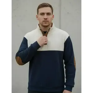 Men's Colorblock Patched Half Button Corduroy Knit Sweatshirt, Loose Casual Long Sleeve Stand Collar Pullover for Daily Outdoor Wear, Men top for All Seasons