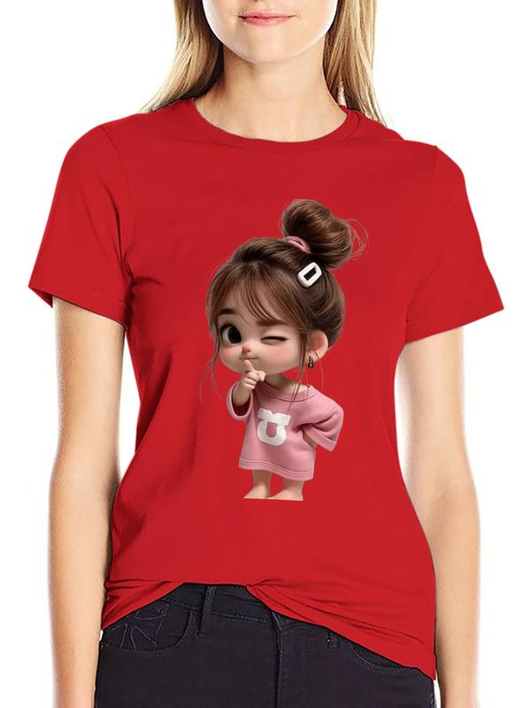 Women's Pure Cotton Crew Neck Lightweight Graphic Tee - Cute Chibi Girl Winking Shh Finger Print, Kawaii Halloween Casual Short Sleeve Sassy Top
