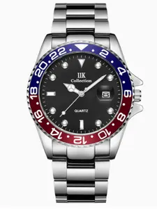 IIK Men's Quartz Analog Watch with Blue and red Bezel, Luminous Dial Calendar, Waterproof Steel Band, Silver Gold Strap, Fashionable Daily Wear