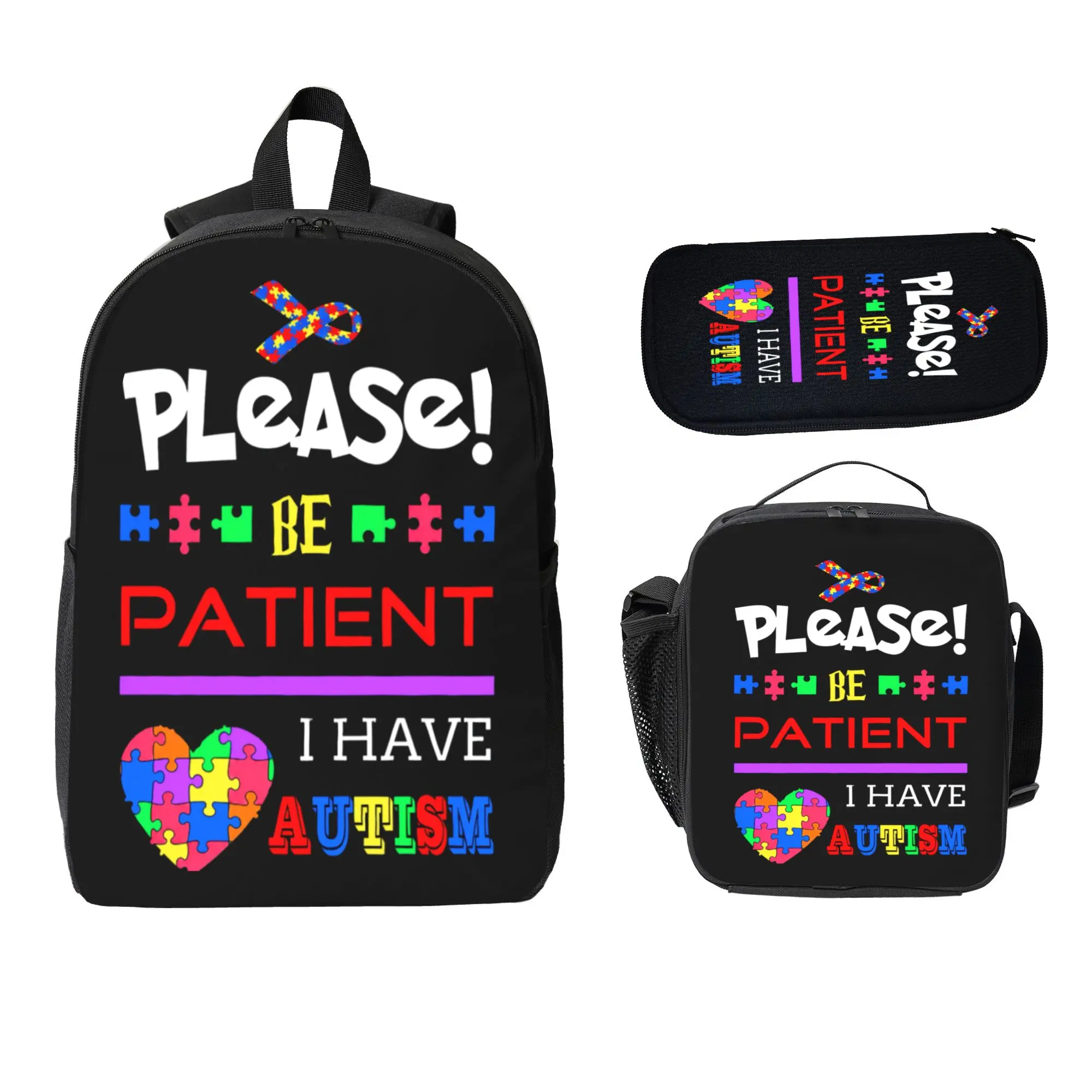 Autism Awareness Themed 3-Piece Backpack Set—Unisex 17-inch personalized, colorful, and lightweight backpack set including a backpack, lunch bag, and pencil case; suitable for daily school use, travel, hiking, and camping.