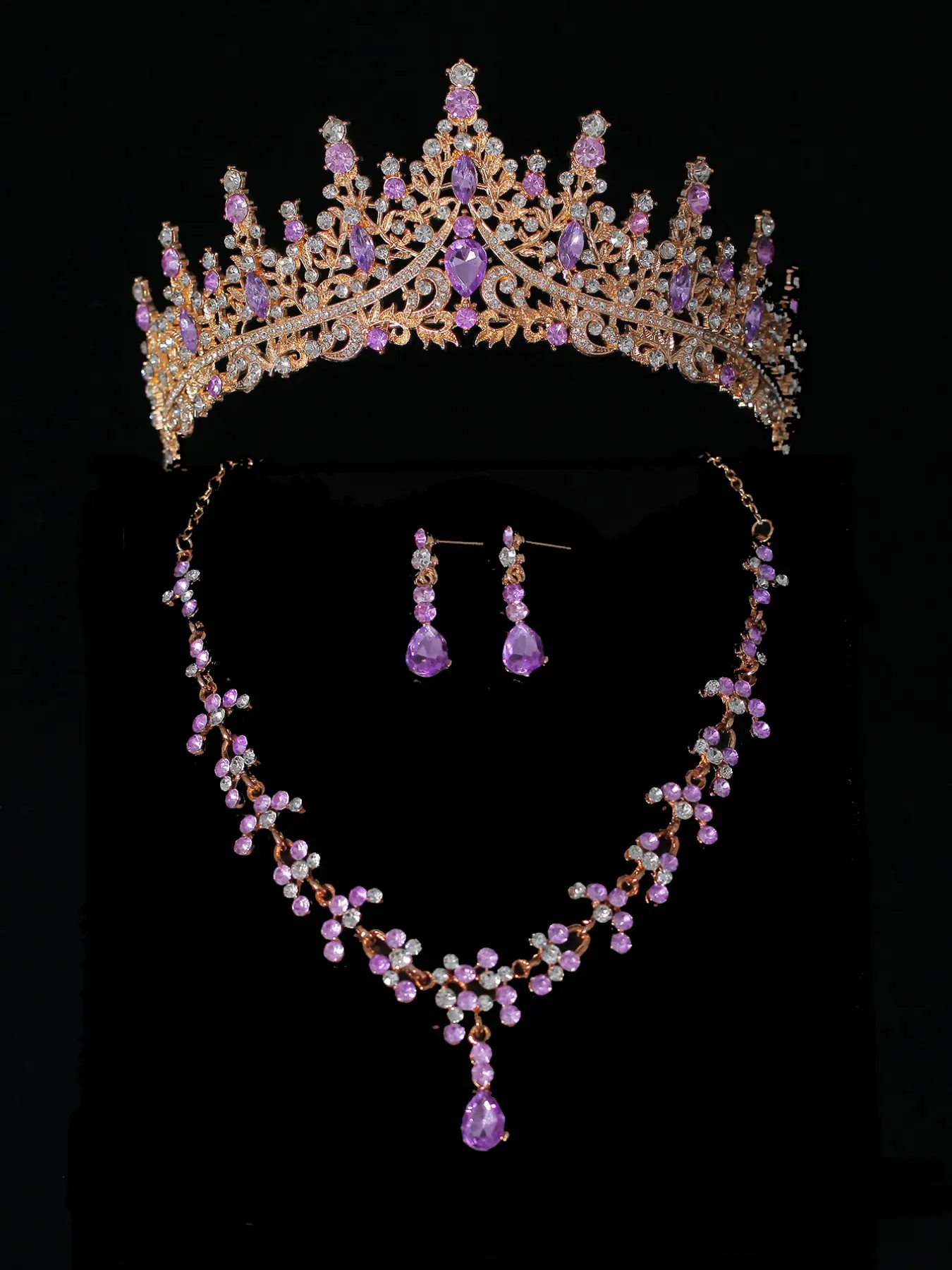 A set of atmospheric purple rhinestone bridal crown with simple water droplet necklace and earrings, 4-piece wedding accessory set, suitable for weddings, parties and gatherings, Matching Jewelry Set Wedding Sets, Wedding Jewelry Sets For Brides
