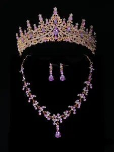 A set of atmospheric purple rhinestone bridal crown with simple water droplet necklace and earrings, 4-piece wedding accessory set, suitable for weddings, parties and gatherings, Matching Jewelry Set Wedding Sets