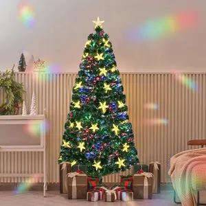 6ft Pre-Lit Artificial Christmas Tree, Lighted Optical Fiber Xmas Trees with Warm White Large Stars & Color Changing Optical Fiber Lights, Party Home Holiday Green Fake Tree with Metal Legs