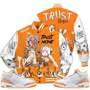 3 White Orange Peel Varsity Jacket, Orange Citrus 3s Outfit Scary Trust No One T-Shirts To Match Sneaker