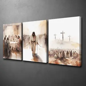 Set of 3 Framed Canvas Art Prints - Religious Art & Christian Wall Decor: "The Last Supper" and "The Scourging of Jesus."Ideal for Easter Decor, Interior Home Wall Art, and Room Decoration.