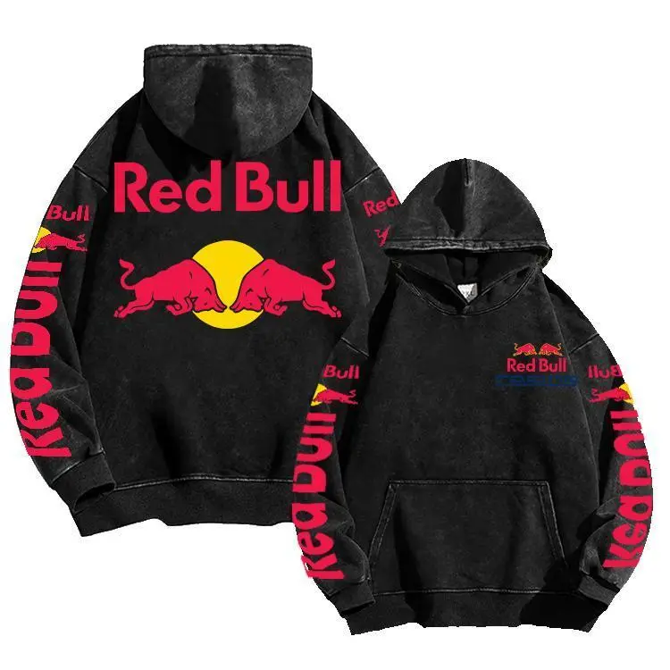 Retro Black White Racing Redbull Racing Washed Hoodie Rebel8 MotoGP World Champion Enthusiast Apparel Streetwear Akrapovic Shoei Helmet Racing Team Super Motorsports Clothing Riders Motocross Off-Road Dirt Bike Fan Gear Cotton For Moto Fan