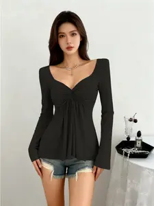 Fashionable Best-Selling Versatile Elegant V-Neck Long Sleeve Fitted T-Shirt, Stylish and Comfortable, Perfect for Casual Wear, Tops