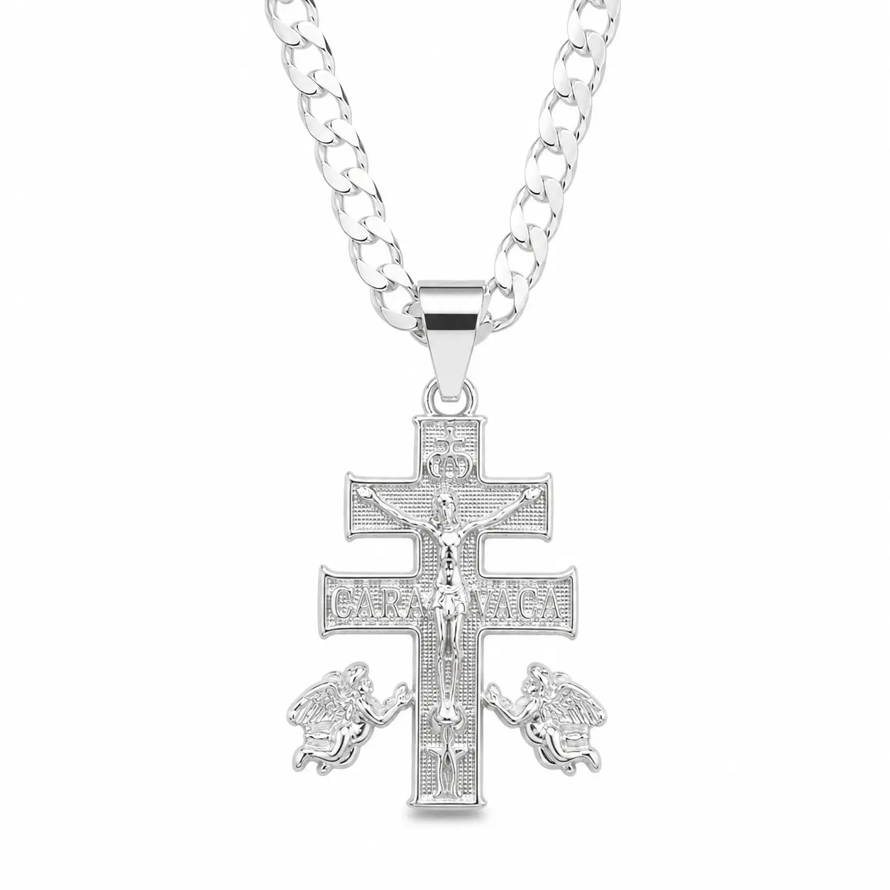 Cruz de Caravaca Pendant – 4MM Flat Cuban Mirror Chain 24in – Unisex in Fine Silver Plated