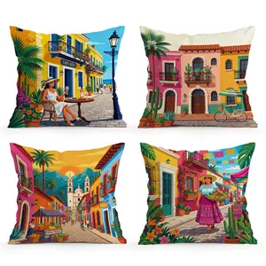 4pcs Mexican Vintage Abstract Pattern Pillowcases, Single-Sided Print, No Insert, Living Room Bedroom Home Decor, All Seasons