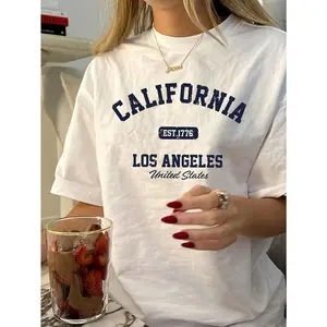 Women's Vintage California Los Angeles Graphic T-Shirt - Casual Round Neck, Short Sleeve, Polyester, Machine Washable, EST 1776 Print Top Summer