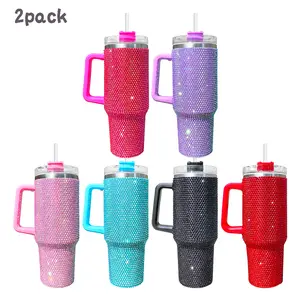 2 PCS USA Warehouse H1.0 40oz Solid Rhinestone Full Coverd Tumbler Drinkware Flasks