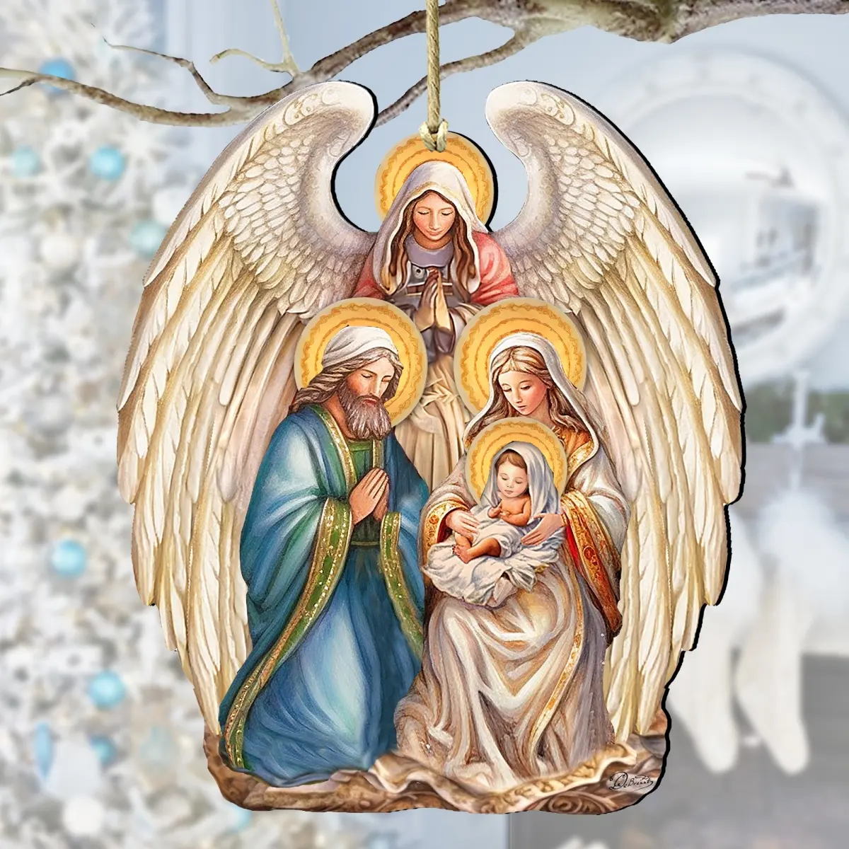Designocracy 8611056 Wooden Artistic Nativity with Angel Christmas Ornament, 5x5.5x0.25in Festive Home Decoration, Holiday Gift