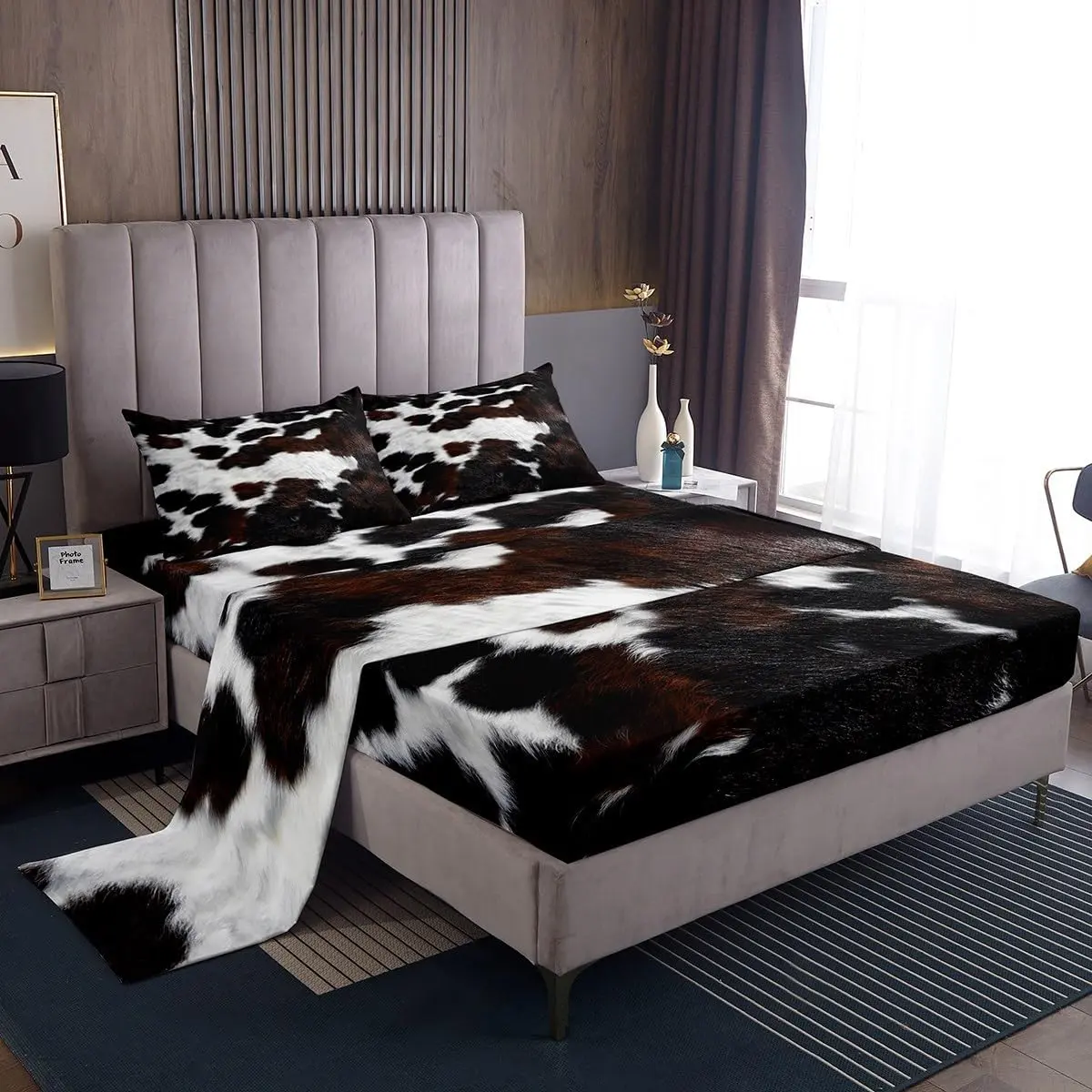 Feelyou Cow Fur Print Microfiber Bedding Set - Bedsheet Sets with Deep-Pocket Fitted Sheet, Western Farm Animal Themed Luxury Soft Breathable Sheets, Textile Linens