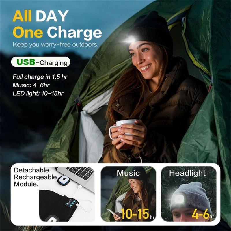 Bluetooth Beanie with LED Light - USB Rechargeable Headlamp Hat, Built-in Speaker & Mic for Music, Calls & Outdoor Fun! Perfect Valentine's Day Gift Lightweight Running Athletic Hat baseball sport accessory