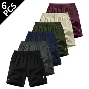 Men’s 6-Pack Quick-Dry Knee-Length Shorts, Sweat-Wicking Breathable Outdoor Bottoms, Printed Silver Reflective Stripes, Zippered Pockets, Drawstring Waist, Regular Fit, Sporty Casual for Hiking Running, Short Men's Shorts, Sweat-Wicking Men's Shorts