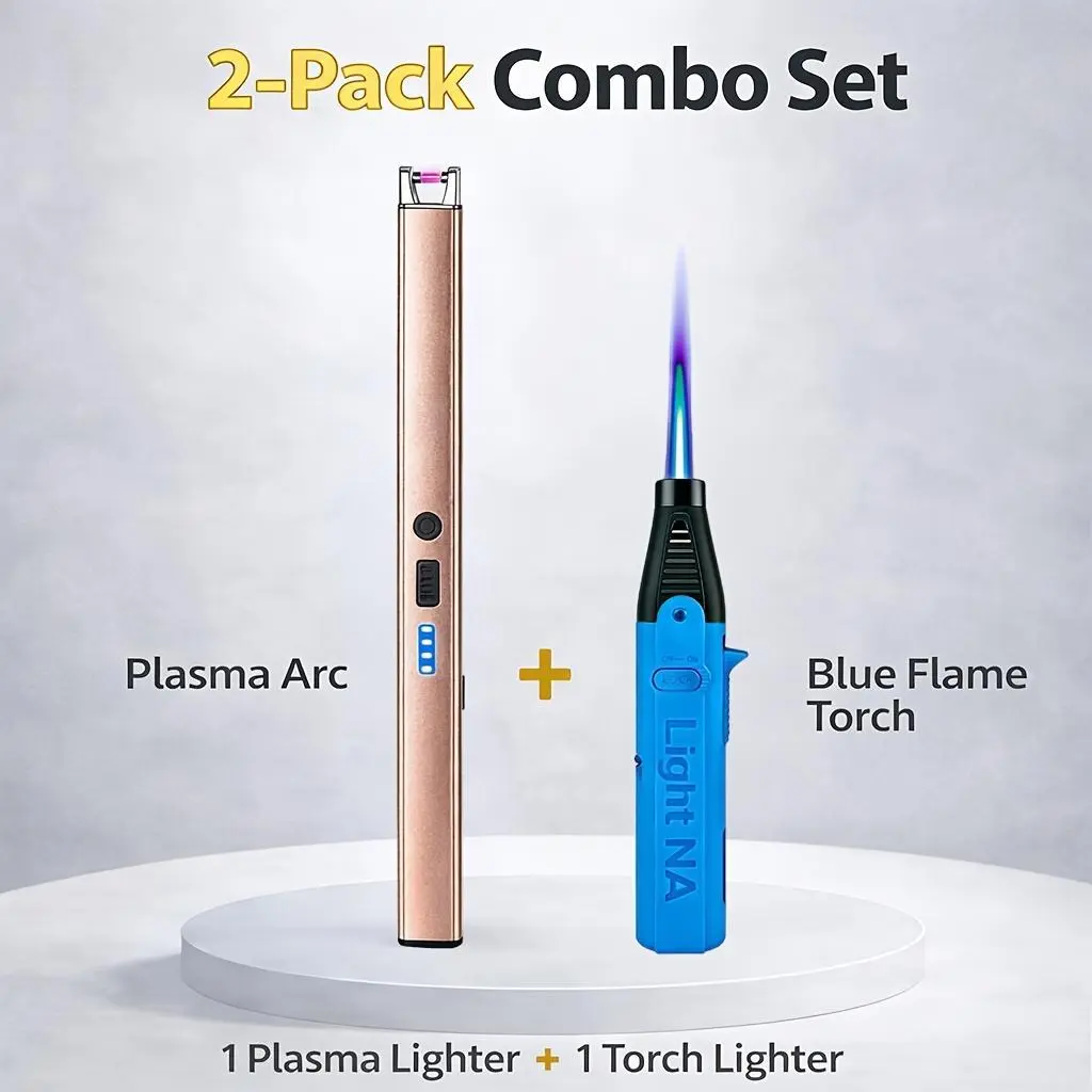 2-Piece Camping Lighter Set: USB Rechargeable Plasma Arc & Windproof Jet Torch with Safety Lock for Campfires, BBQ Parties (Butane Not Included), Campfire / Bbq Party, Outdoor Gear, Plasma Lighter, Black & Black (2-Pack Combo), Unisex, Butane Torch Lighte