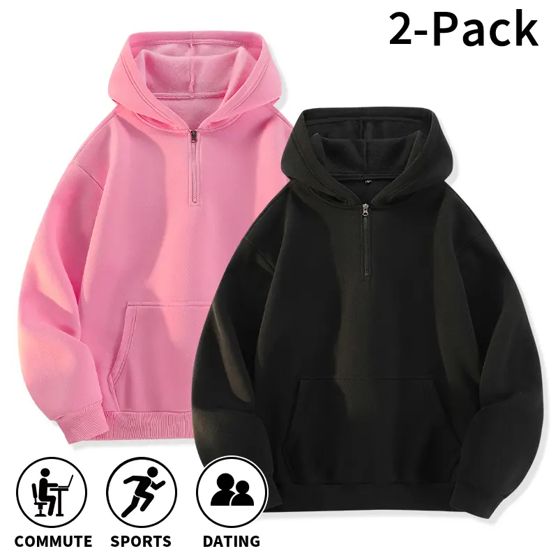Men’s simple half-zip hoodie available in a two-pack or as a single item. It has a loose fit, soft fabric, and neat tailoring that pairs well with various outfits. This unisex hooded top offers multiple styling options and is ideal for everyday casual wea