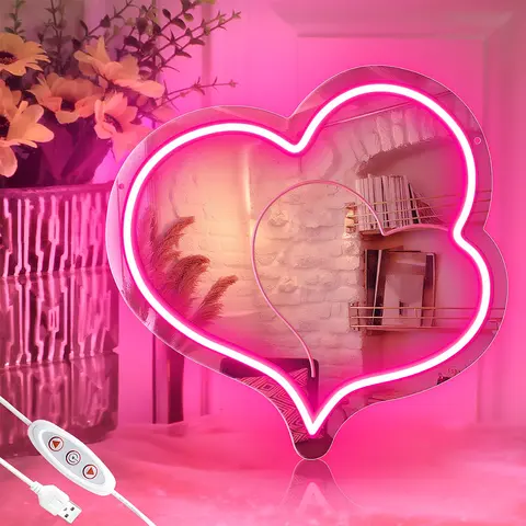 SEGRASS Pink Heart Neon LED Lighted Cosmetic Mirror - 11.8x11.6in Lightweight Plastic Wall-Mount Makeup Mirror, Gift-Ready Charm Girl Room Decor, Apartment Accessories (Home Improvement Indoor Lighting)