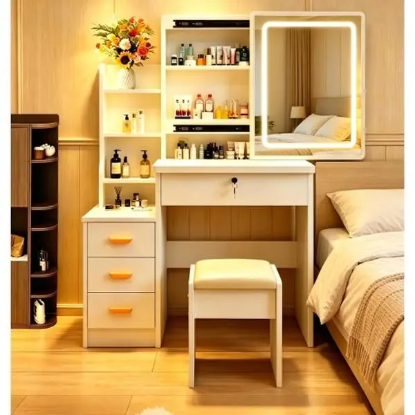 [Bellemave]Vanity Desk with Sliding Mirror and Lights, Makeup Vanity Set with 4 Drawers, Stool, Open Shelves, 3 Color Adjustable Lighting Modes, Makeup Dressing Table for Bedroom
