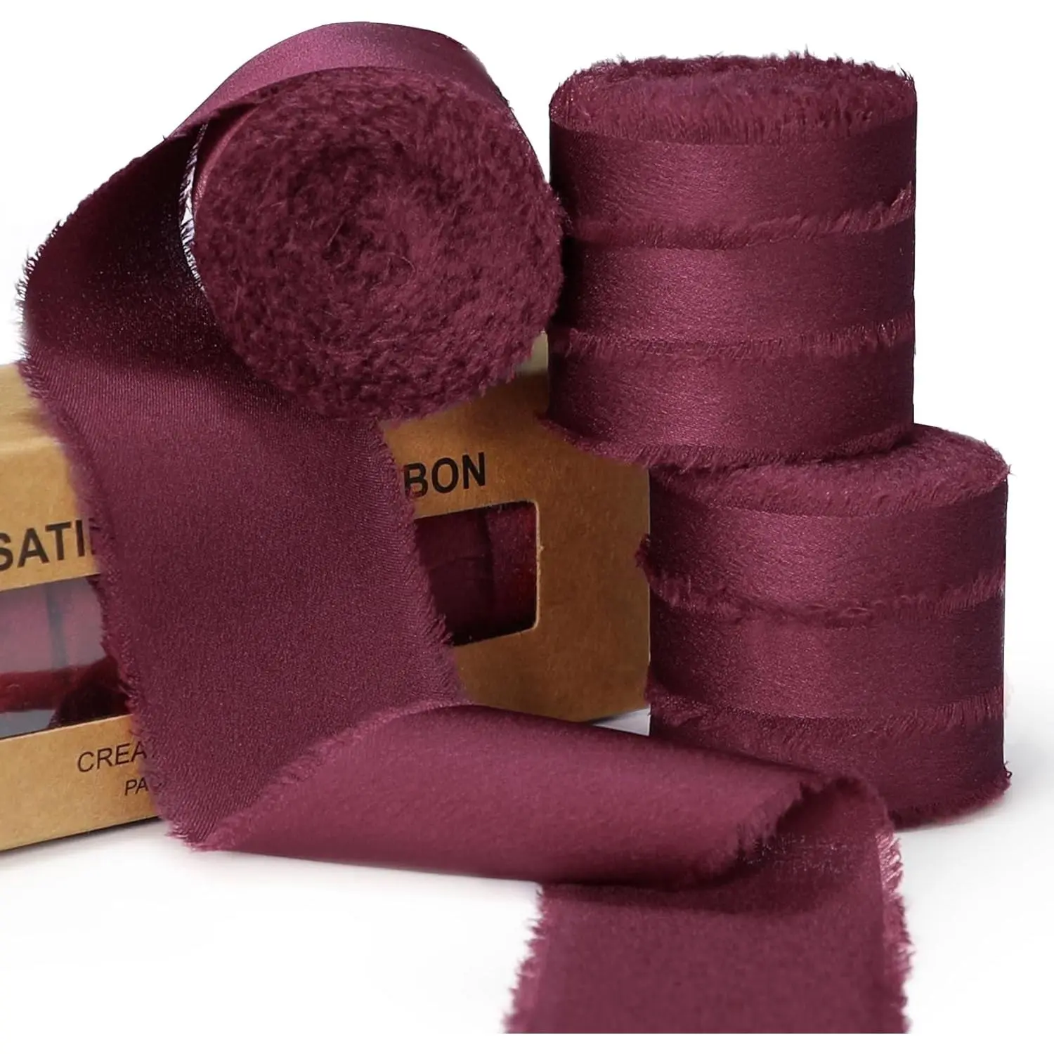 Burgundy Ribbon for  Wrapping, Silk Satin Chiffon Frayed Fabric Ribbons for Crafts Flower Bouquets Wedding Invitation Decor Christmas 1-1/2 Inch x 21 Yd