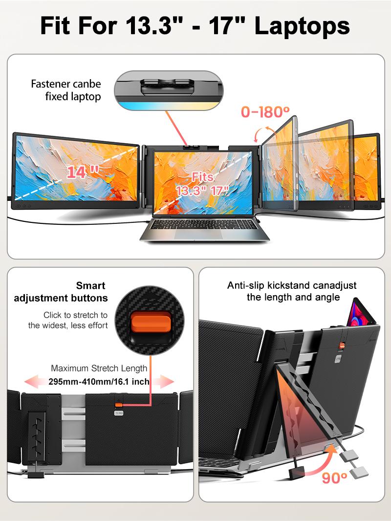 Cevaton 14" Dual Laptop Screen Extender, Laptop Monitor Extender for 13.3"-17" Laptops, Width-Adjustable Design, Plug & Play, Check Display & Dual-Screen Compatibility, 4.1 lbs