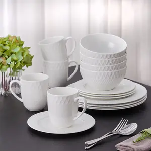 Silvanest 16-Piece White Ceramic Dinnerware Set with Teardrop Embossed Rim | Service for 4 | Includes 10.6" Plates, 28oz Bowls & 16oz Mugs | Oven & Dishwasher Safe