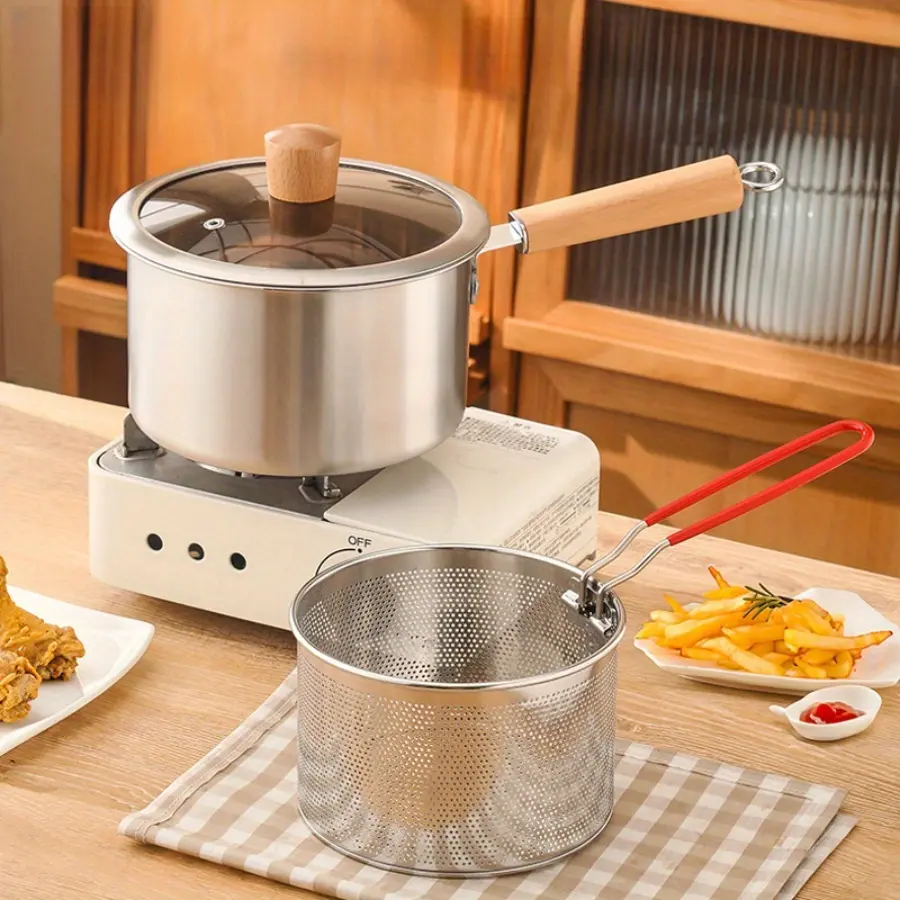 A Versatile Cookware Collection Made of Stainless Steel, Featuring a Frying Basket And a Glass Lid - Includes a Non-Stick Frying Pan, Deep Fryer, Pasta Pot, Milk Saucepan, And Food Steamer, Compatible with Both Induction And Gas Stoves