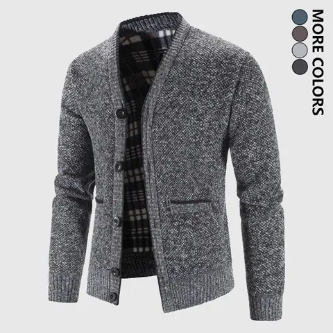 Men's Fleece-Lined V-Neck Knitting Cardigan - Thermal Long Sleeve, Medium Length, Regular Fitted, Solid Color, Durable Button Front, Warm Winter Top, Neckline Design